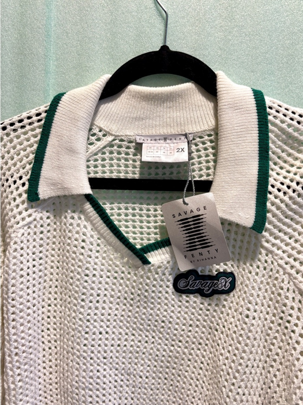 NWT Savage X Fenty 2X Open Knit Polo Sweater Y2K Preppy Cropped White Green - Picture 4 of 10